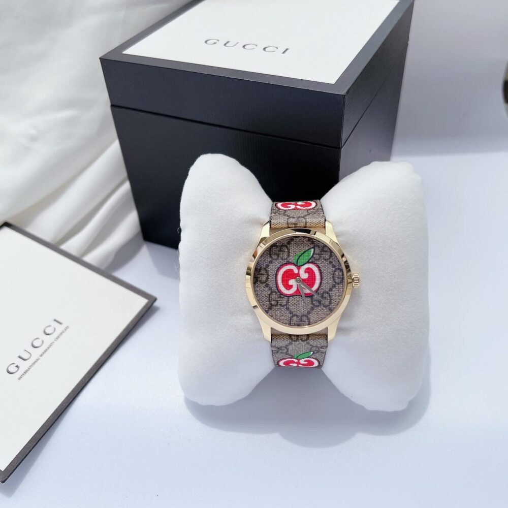 ĐỒNG HỒ GUCCI G-TIMELESS APPLE CANVAS DIAL LEATHER LADIES WATCH YA1264158 FAKE