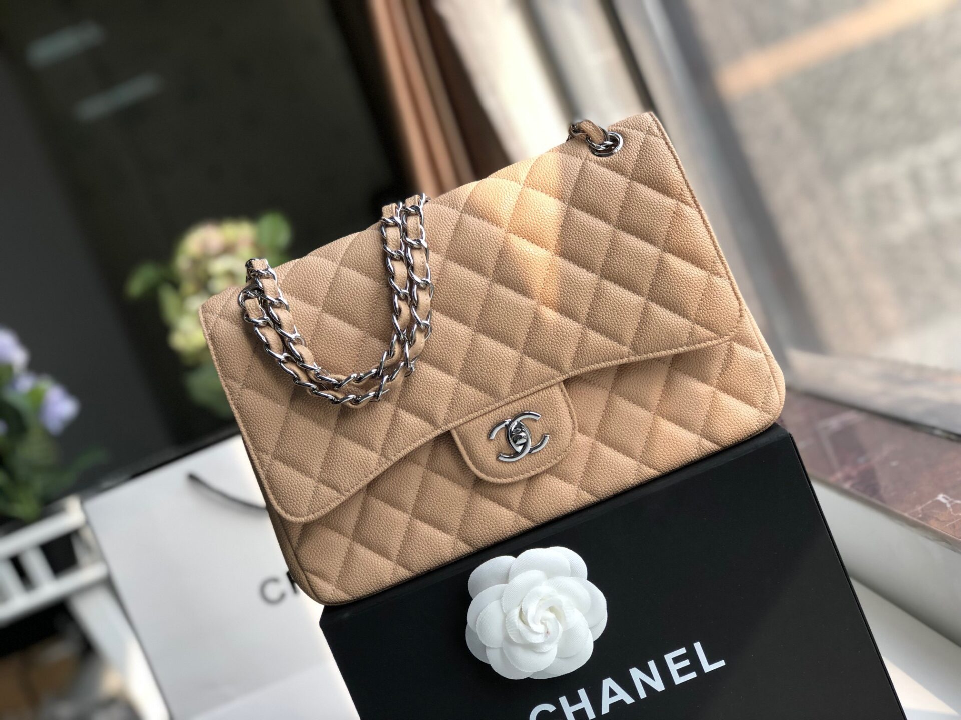 Chanel Classic Quilted Caviar Double Flap Jumbo Bag in Beige  Worlds Best