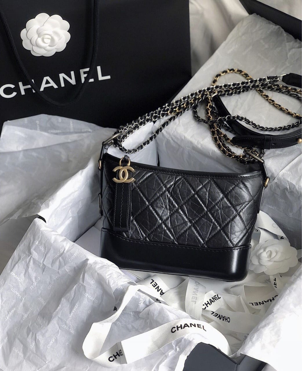 CHANEL GABRIELLE SMALL HOBO BLACK AND WHITE LEATHER BAG