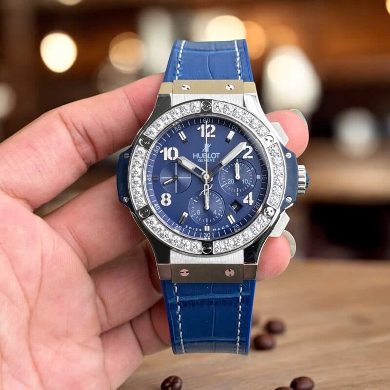 ĐỒNG HỒ HUBLOT BIG BANG CHRONOGRAPH MÀU XANH BLUE VIỀN ĐÁ REPLICA 41MM