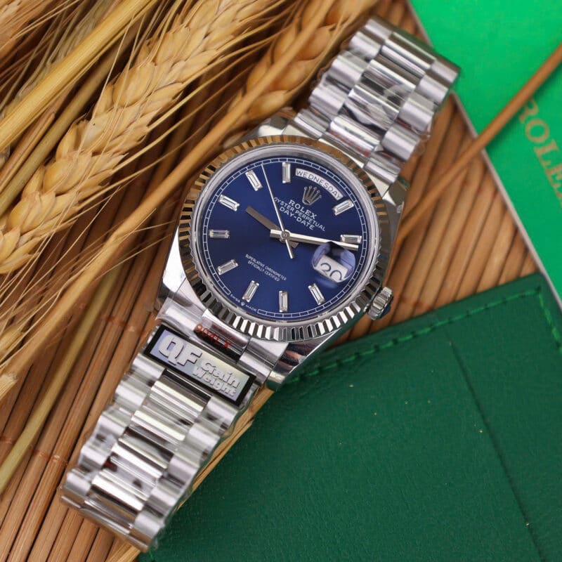 ROLEX DAY-DATE 128236-0023 BLUE BAGUETTE DIAMOND DIAL 158G SUPER CLONE QF 36MM