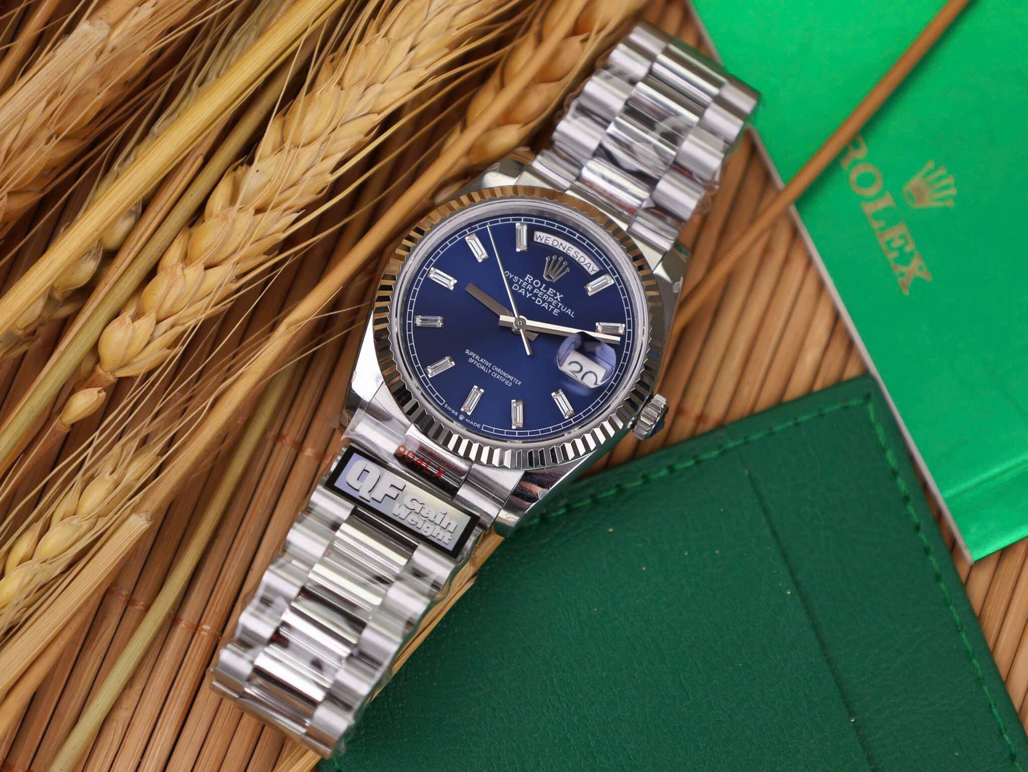 ROLEX DAY-DATE 128236-0023 BLUE BAGUETTE DIAMOND DIAL 158G SUPER CLONE QF 36MM