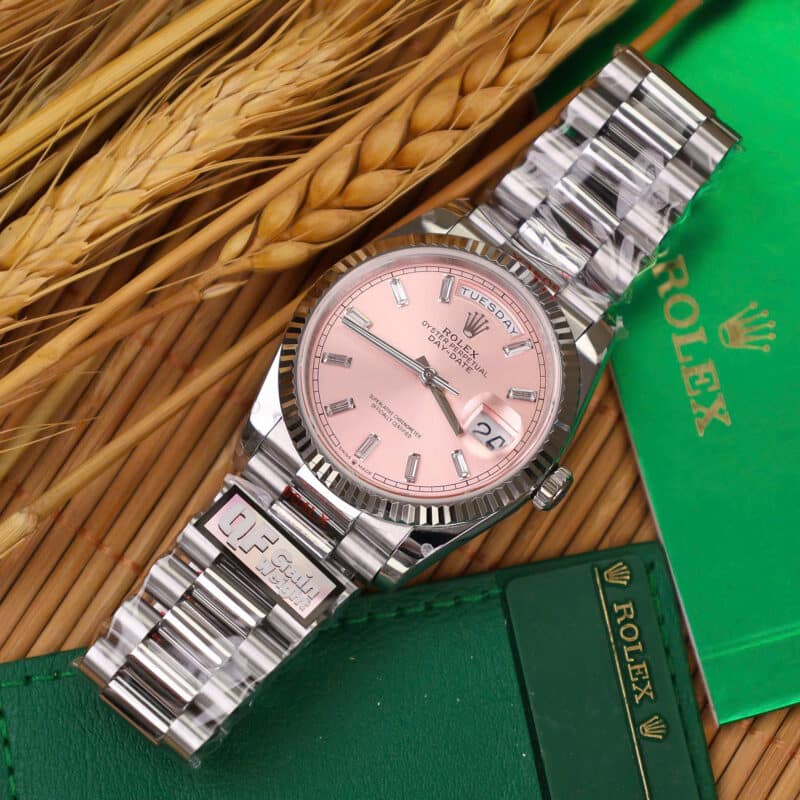 ROLEX DAY-DATE 128236-0024 PINK BAGUETTE DIAMOND DIAL 158G SUPER CLONE QF 36MM