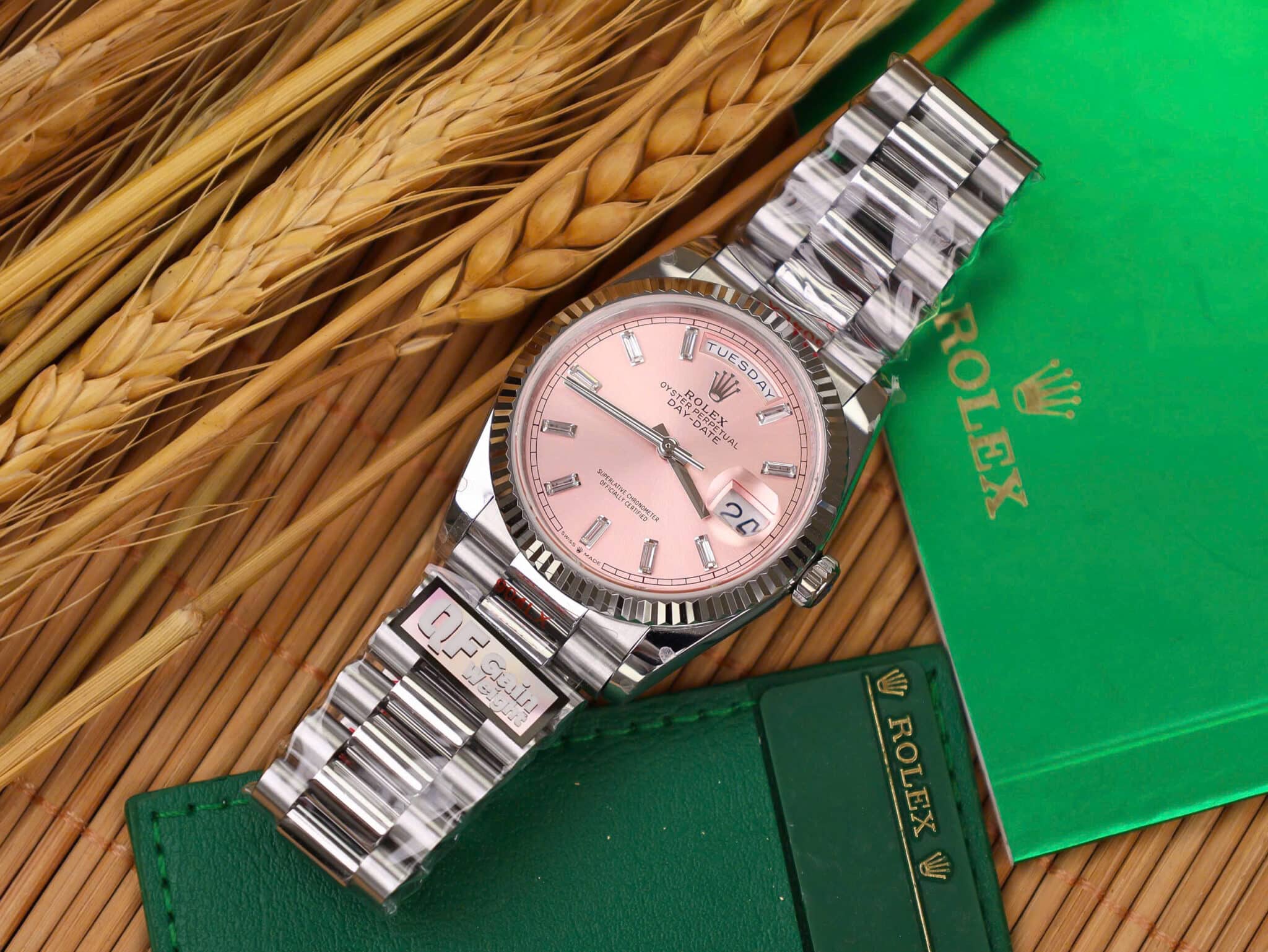 ROLEX DAY-DATE 128236-0024 PINK BAGUETTE DIAMOND DIAL 158G SUPER CLONE QF 36MM