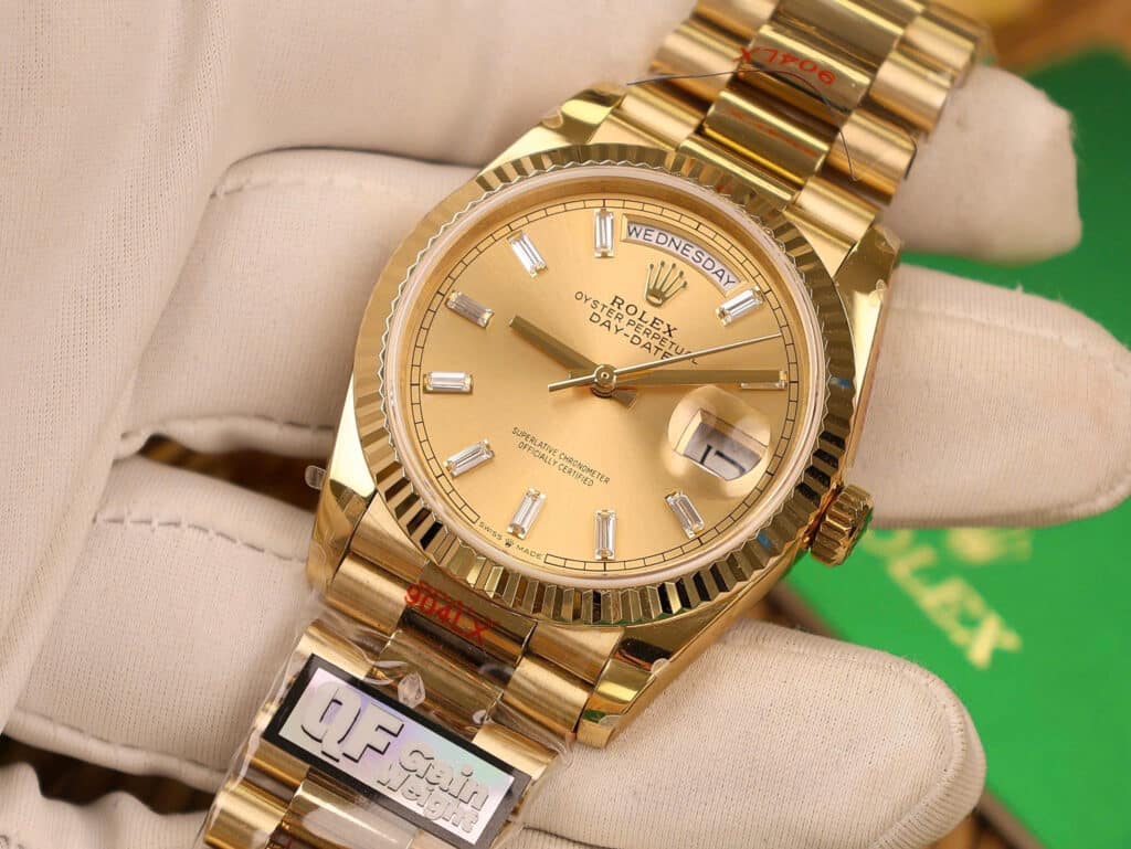 ROLEX DAY-DATE 128238-0005 CHAMPAGNE BAGUETTE DIAMOND DIAL YELLOW GOLD 158G SUPER CLONE QF 36MM