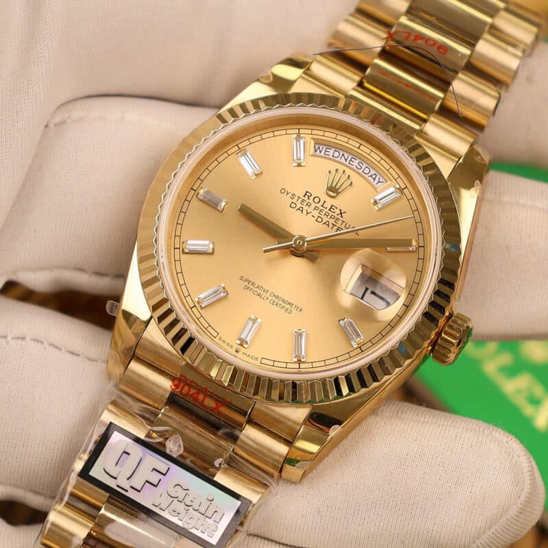 ROLEX DAY-DATE 128238-0005 CHAMPAGNE BAGUETTE DIAMOND DIAL YELLOW GOLD 158G SUPER CLONE QF 36MM